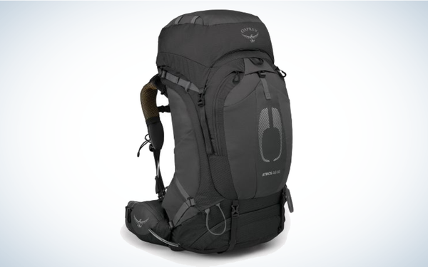 Osprey Atmos AG 65 Backpack on gray and white background