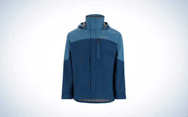 Simms Challenger Fishing Jacket on blue and white background