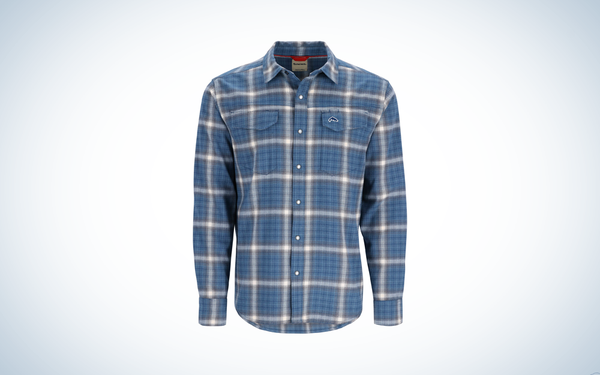 Simms Gallatin Flannel Fishing Shirt on blue and white background