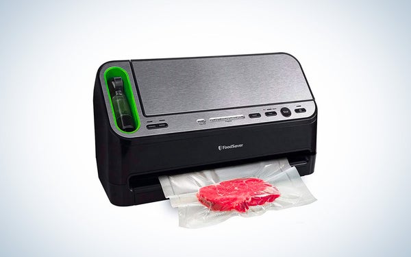 The Silver and green FoodSaver 2-in-1 vacuum sealer on a black and white gradient background.
