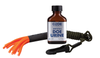 Code Blue doe urine lure in a brown bottle with a black-and-orange drag rag behind it. 