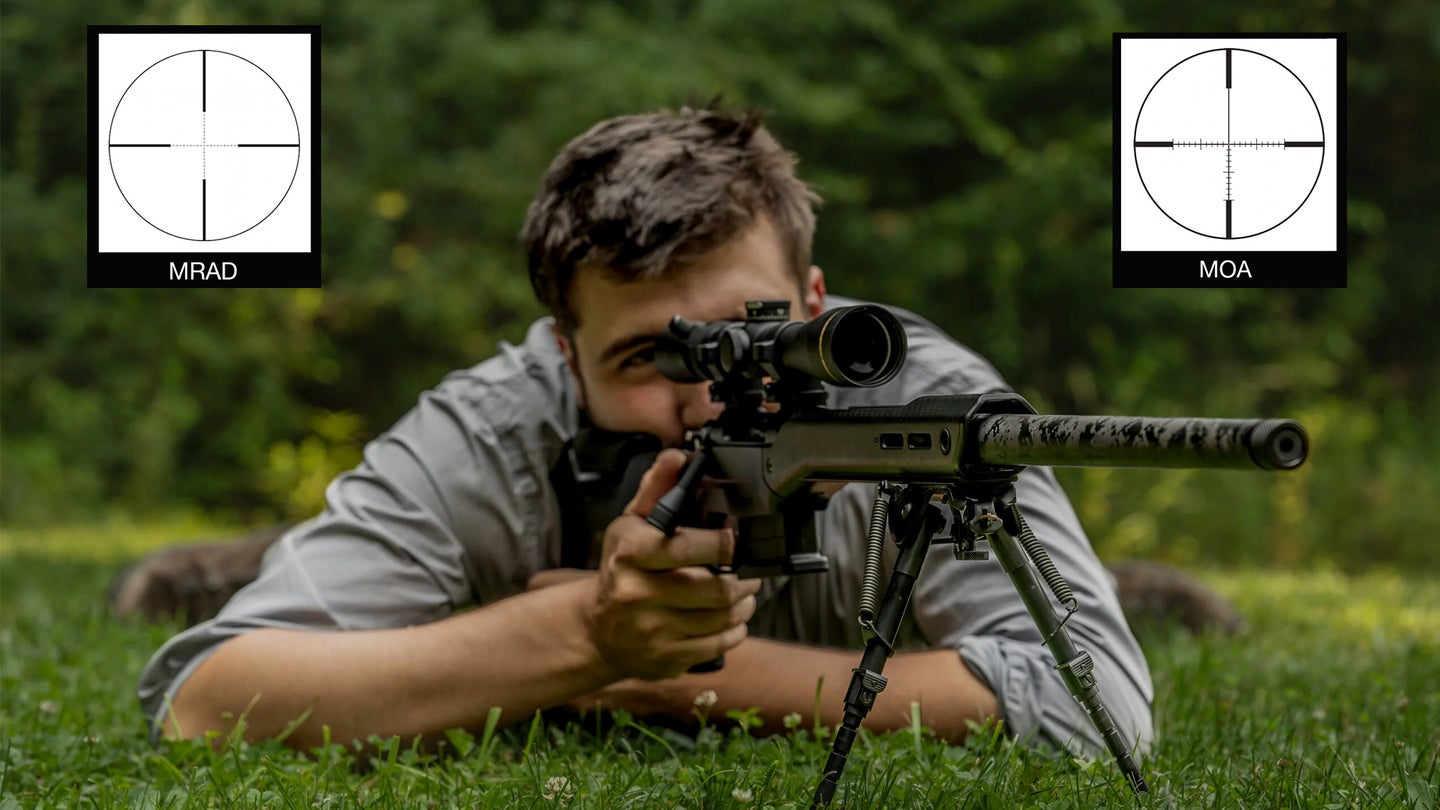 A man in a gray shirt shoots a rifle from the prone position with mrad vs moa graphics left and right