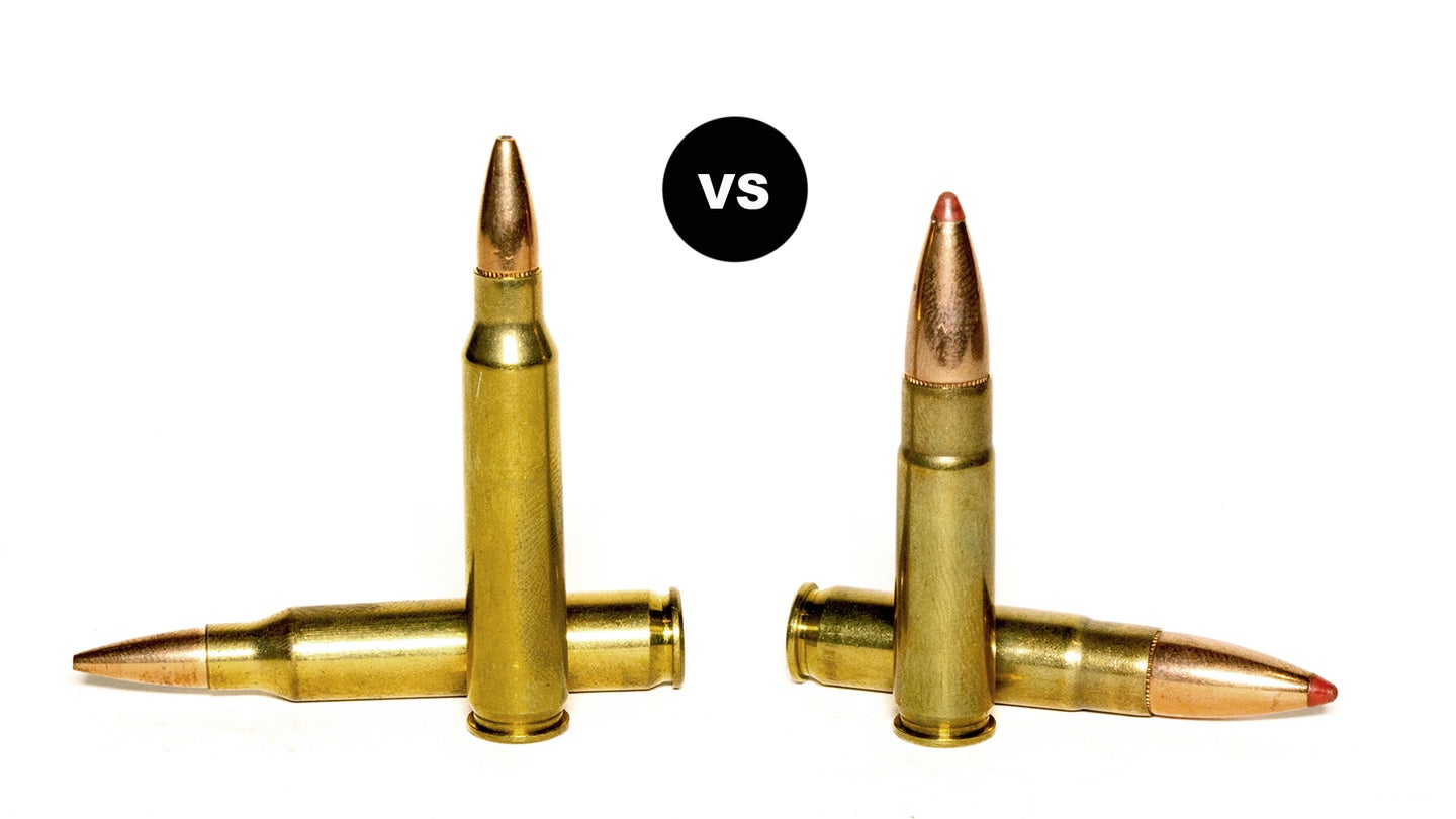 Two 556 Nato cartridges on the left and two 300 Blackout cartridge on right, against white background.