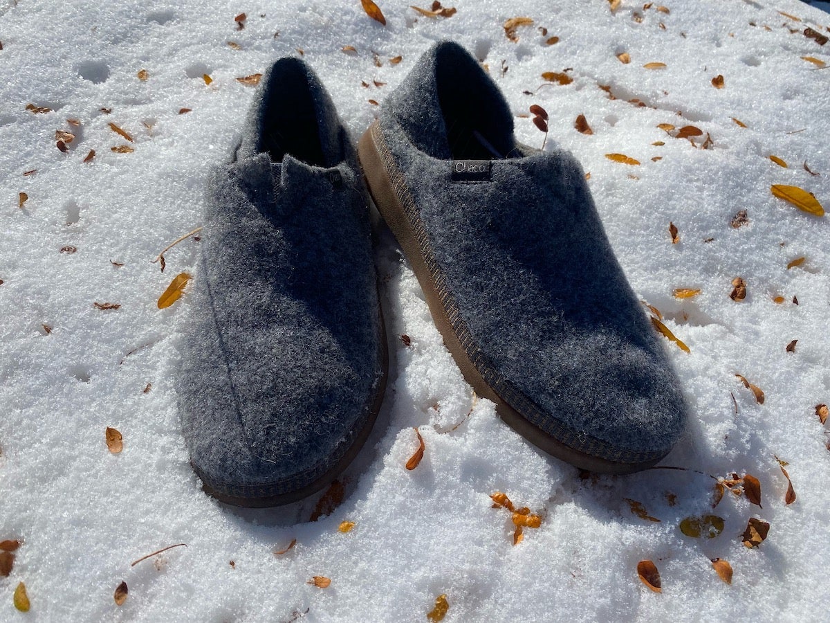 Chaco Women's Revel Moccasins sitting on snowy ground