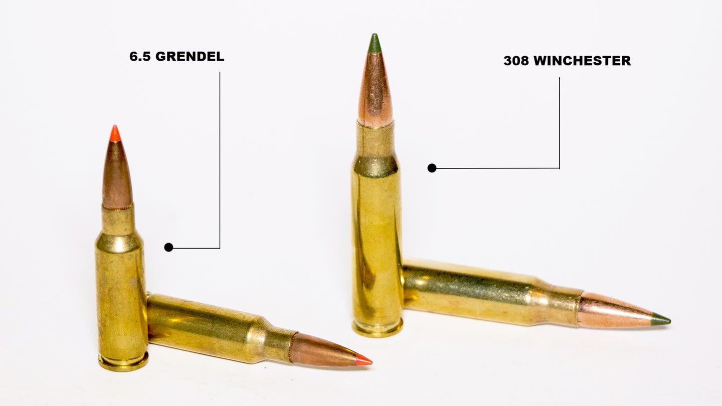Two 6.5 Grendel cartridges, left, and two 308 Winchester cartridges, right, on a white background