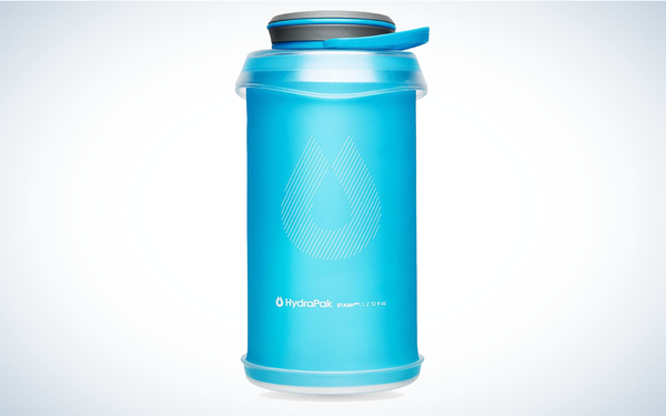 HydraPak Stash Collapsible Water Bottle on gray and white background
