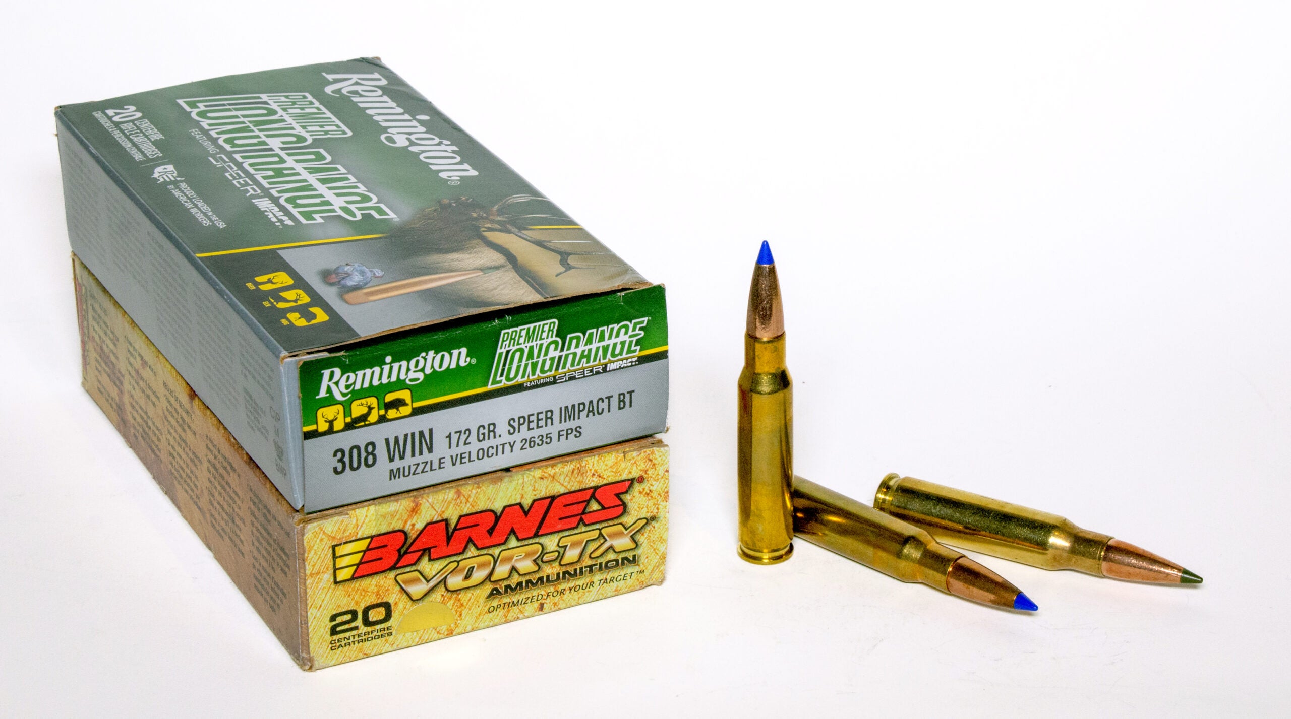 Two boxes of 308 Winchester ammo, plus three loose cartridges on a white background