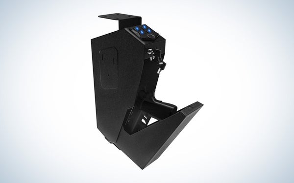 A black RPNB mounted safe with a handgun inside on a black and white gradient background.