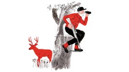 hunter in tree stand looks through binoculars while buck is on the other side of the tree; illustration