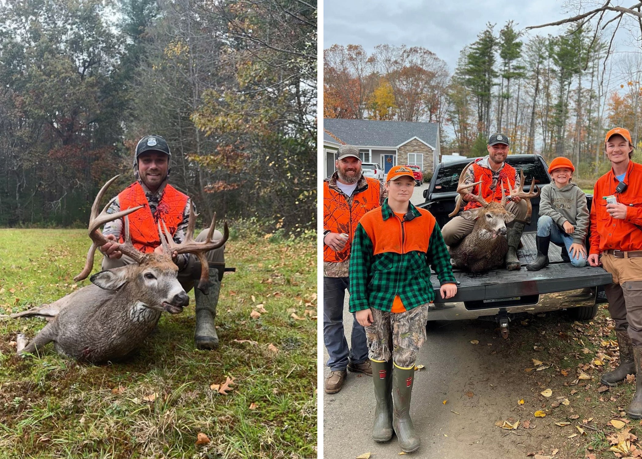 Left: Hunter poses with huge whitetail buck. Right: Hunter with his buddies post with the deer.