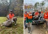 Left: Hunter poses with huge whitetail buck. Right: Hunter with his buddies post with the deer.