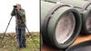 Left: The author looking through a binocular on a tripod in a field. Right: Closeup of a frozen objective lens.