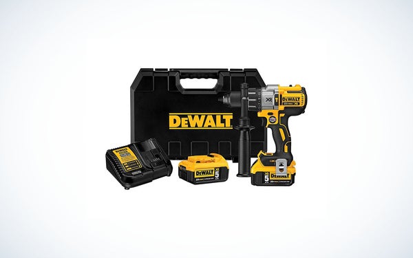 The DeWalt hammer drill kit with carry bag, battery and battery charger