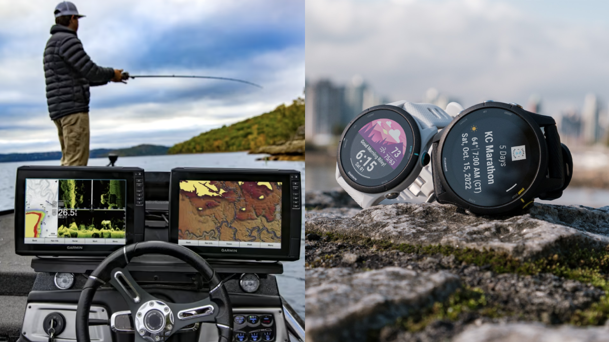 Boater using Garmin fish finder and Garmin watches laying on rock