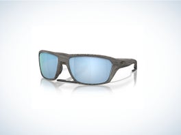 Gray Oakley Split Shot sunglasses with grey lenses and a safety head strap
