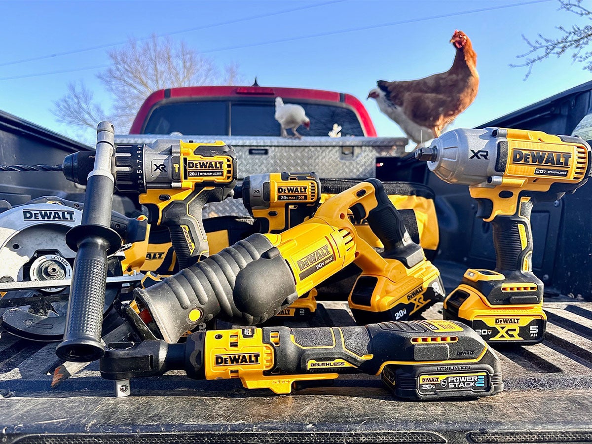 DeWalt power tools lined up on tailgate of pickup truck