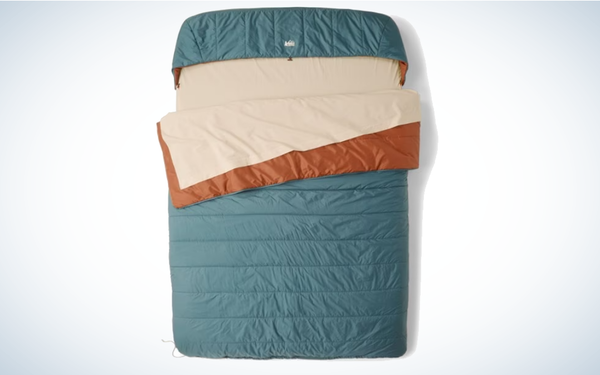 REI Camp Dreamer Double Sleeping Bag on gray and white background