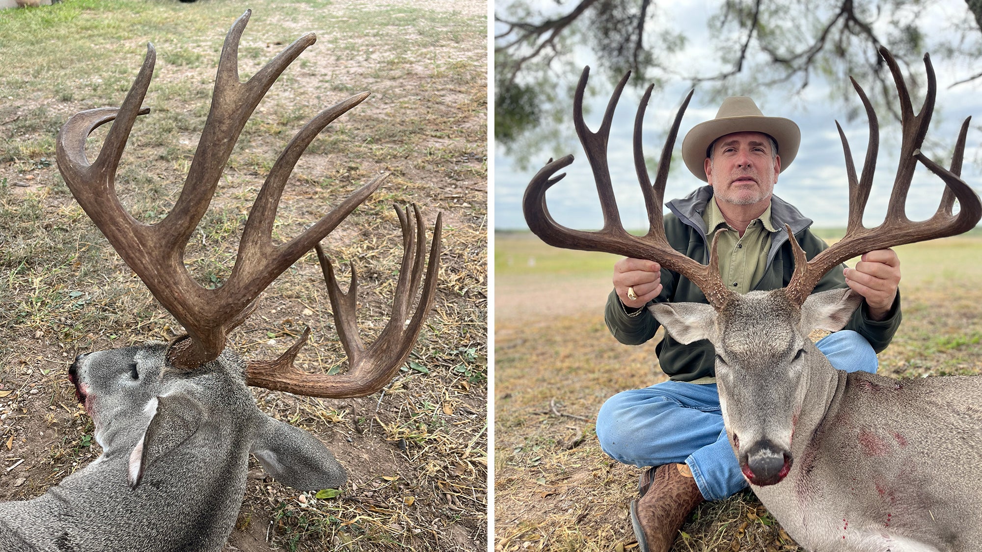 Photo showing the back side of a Texas buck's rack; hunter posing with the same big Texas buck