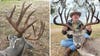 Photo showing the back side of a Texas buck's rack; hunter posing with the same big Texas buck