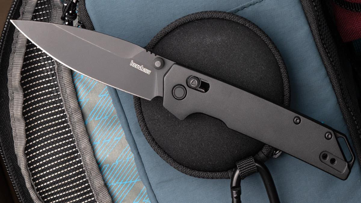 Kershaw Iridium Pocket Knife sitting on backpack