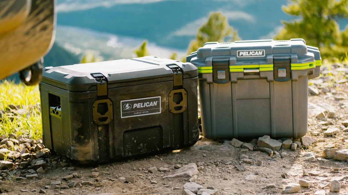 Pelican Case and Personal Cooler sitting on rocky ground