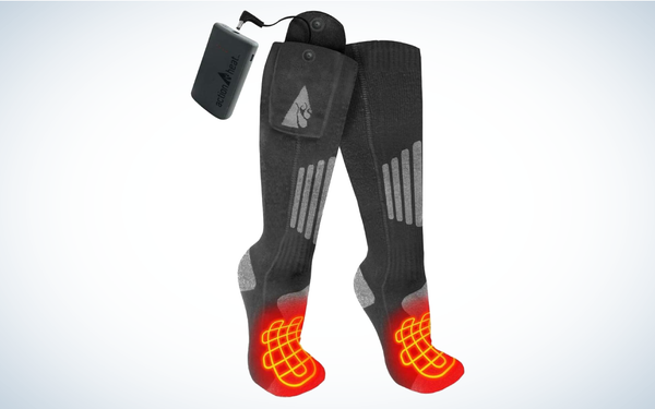 ActionHeat Rechargeable Heated Socks 2.0 on gray and white background
