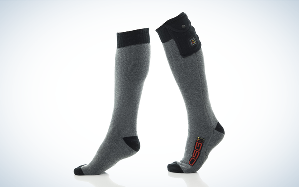 DSG ActionHeat Heated Socks 5V on gray and white background