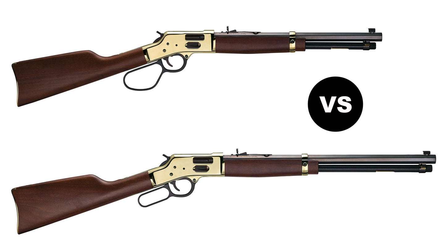 A Henry Big Boy carbine lever-action rifle on top and a standard Big Boy below