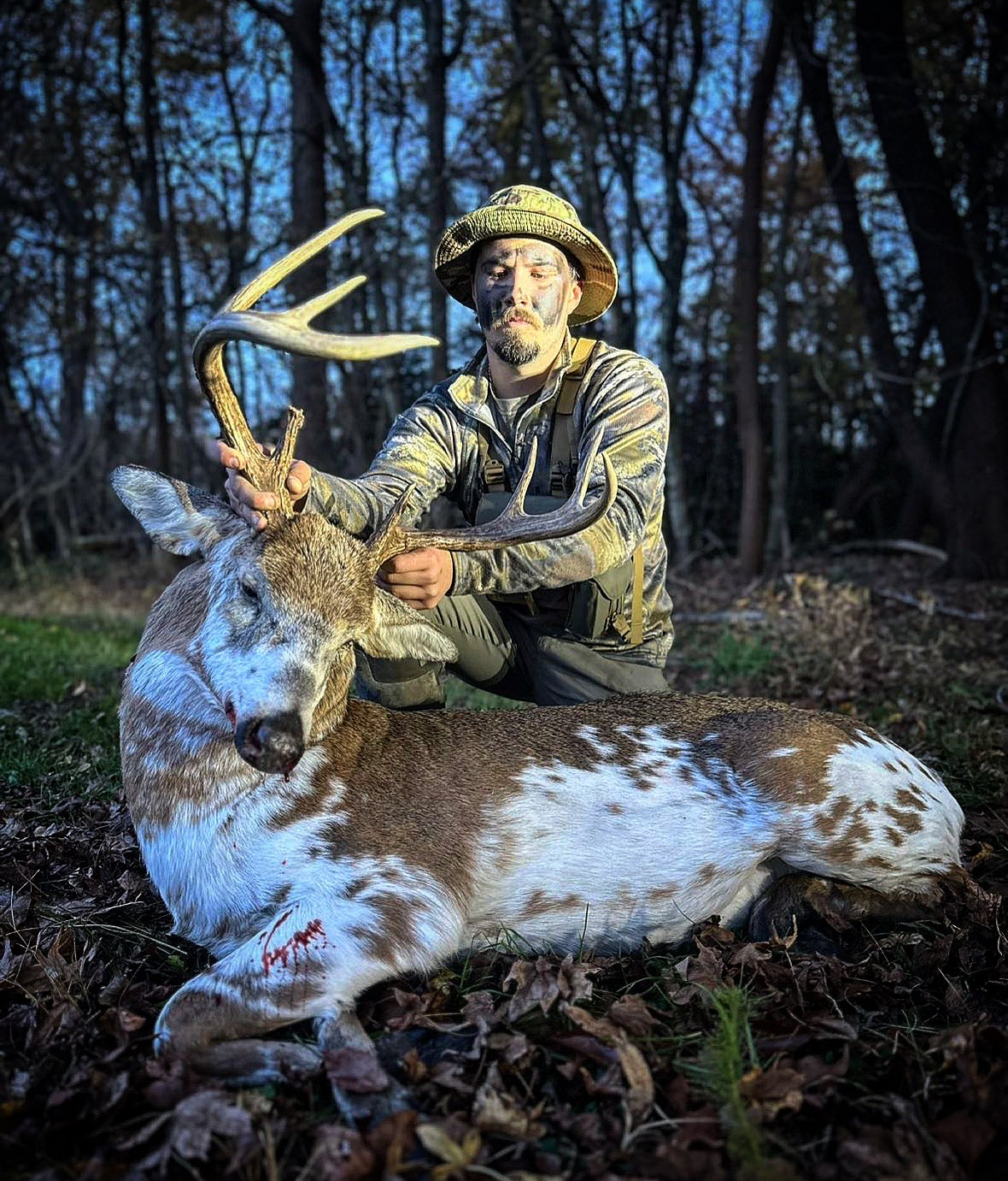 A hunt kneels on the ground behind a big piebald whitetail buck