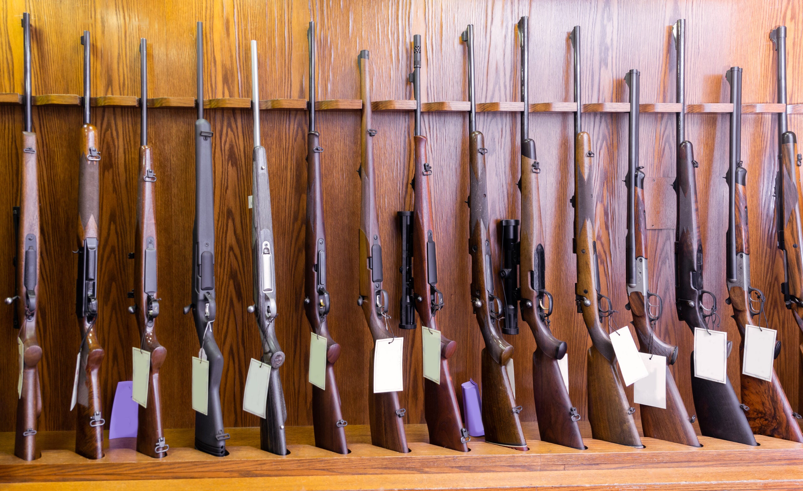 Photo of guns lined up at a gun store