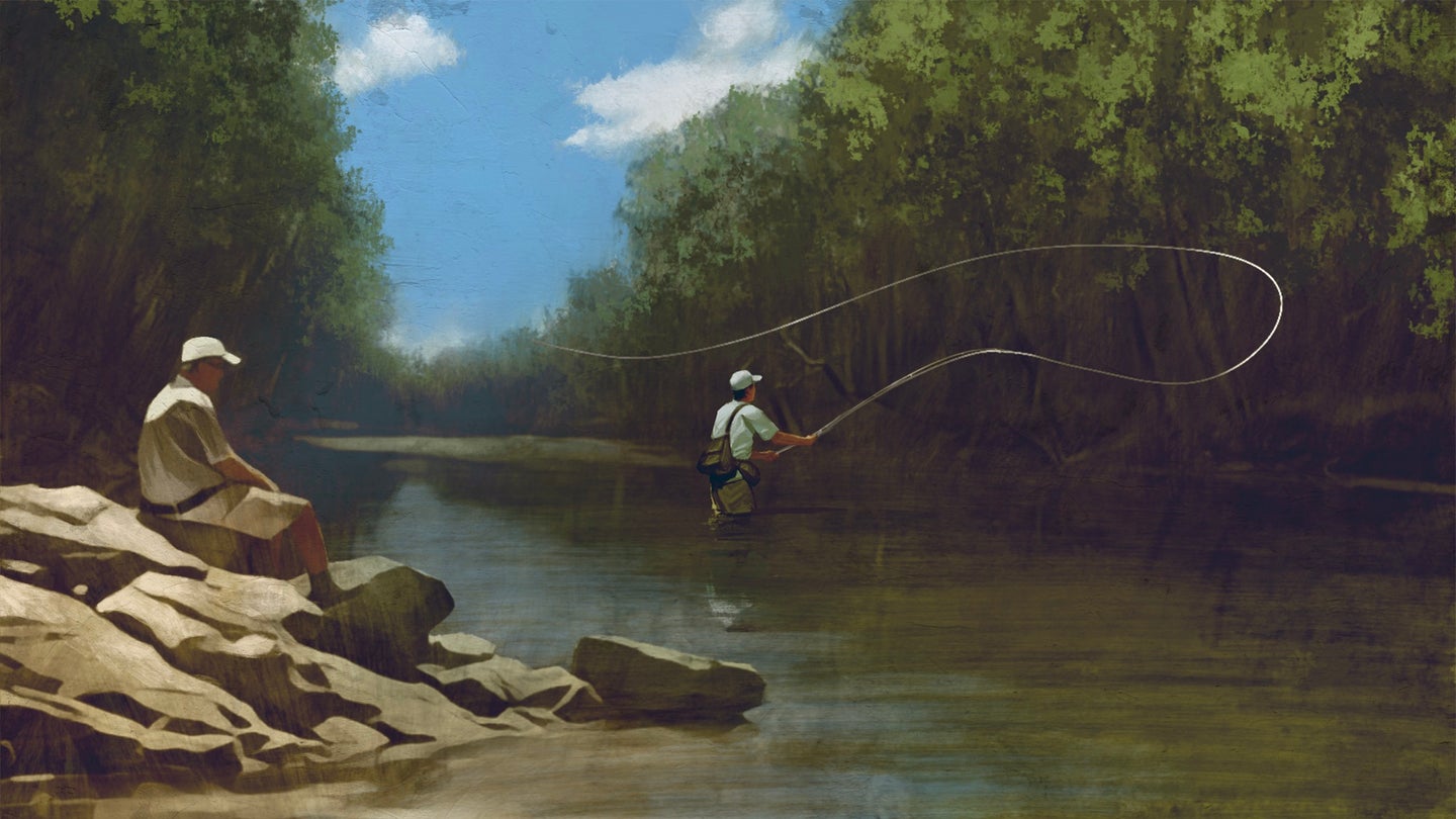 Artwork depicting a fly fisherman casting in a river while another man watches from the riverbank.