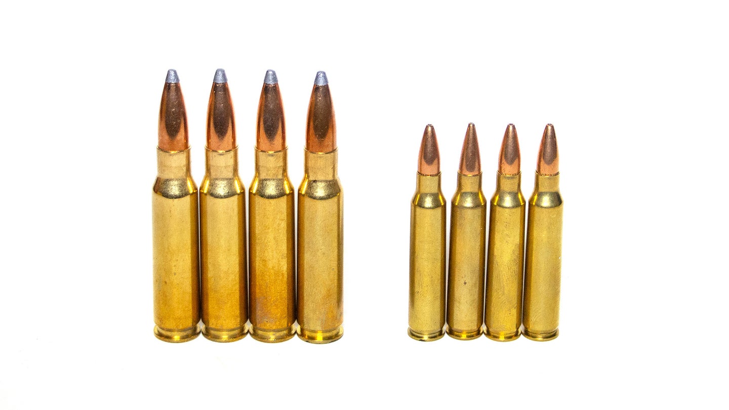 Side-by-side photo of .308 Winchester and 5.56 NATO rifle cartridges