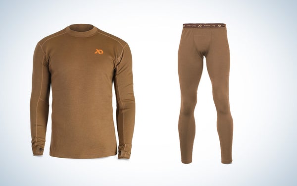 Tan First Lite Kiln baselayer tops and bottoms isolated on a black and white background.