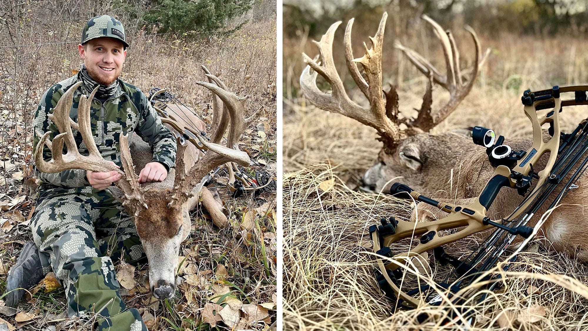 Hunter sitting on ground showing of huge whitetail buck, left; same buck on the ground with bow, right