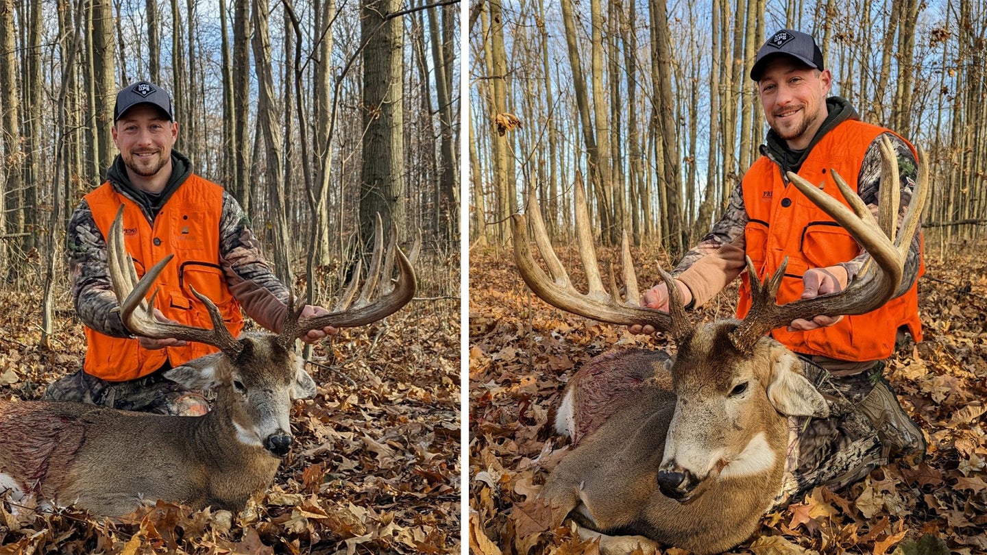 Side by side photos of hunter on the ground in woods posing with a huge whitetail buck