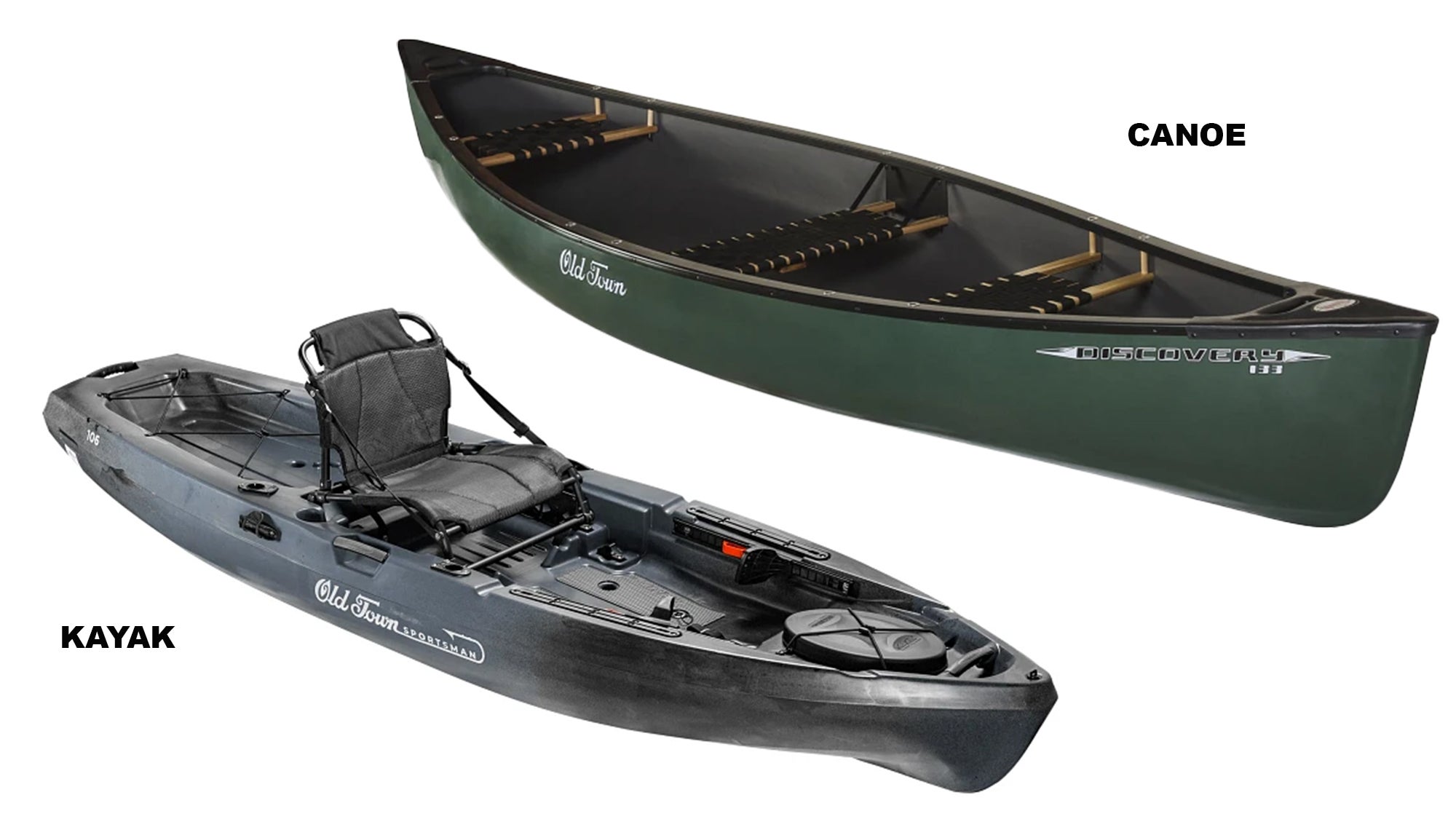 Green kayak on white background, left; green canoe on white background, right.