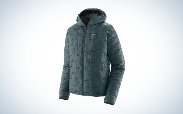 patagonia jacket on blue and white background