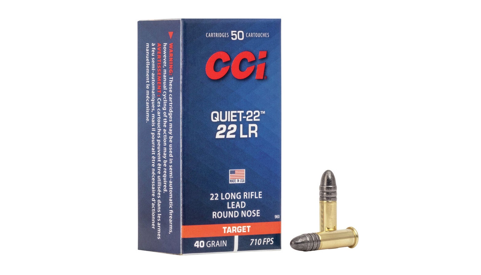 A box of CCI 22 LR ammo with two loose cartridges on white background