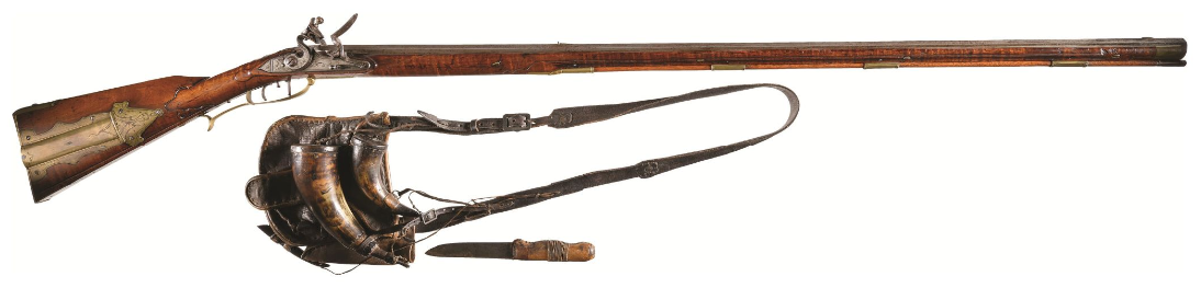 A flint-lock muzzle-loading Kentucky with knife and possibles bag on white background