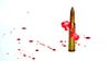 A 30-06 bullet with a red ribbon and spots of blood on a white background