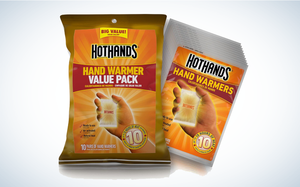 Package of HotHands Hand Warmers on gray and white background