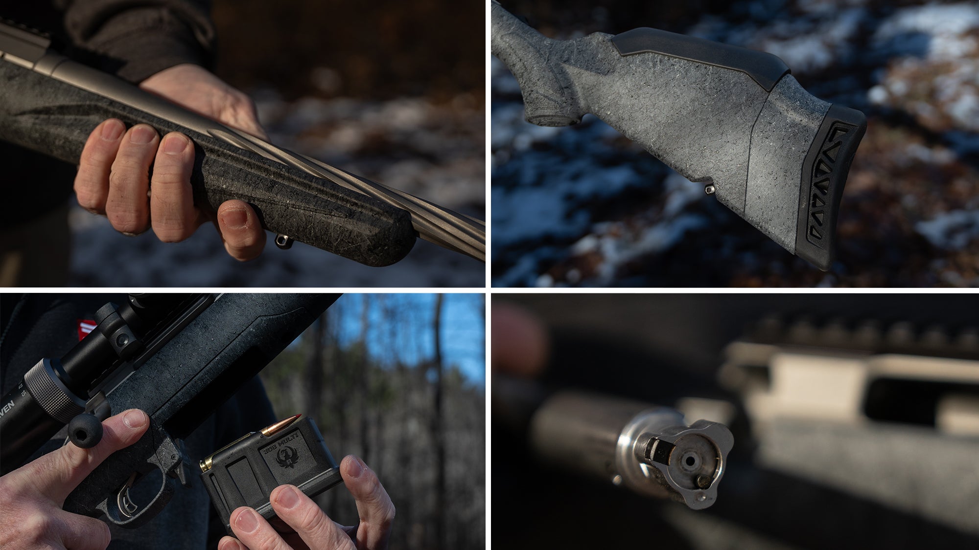 Four-panel photo showing the Ruger American Gen II forend, buttstock, magazine, and bolt