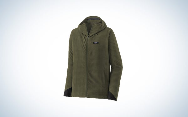Patagonia R1 TechFace Fitz Roy Trout Hoody on blue and white background