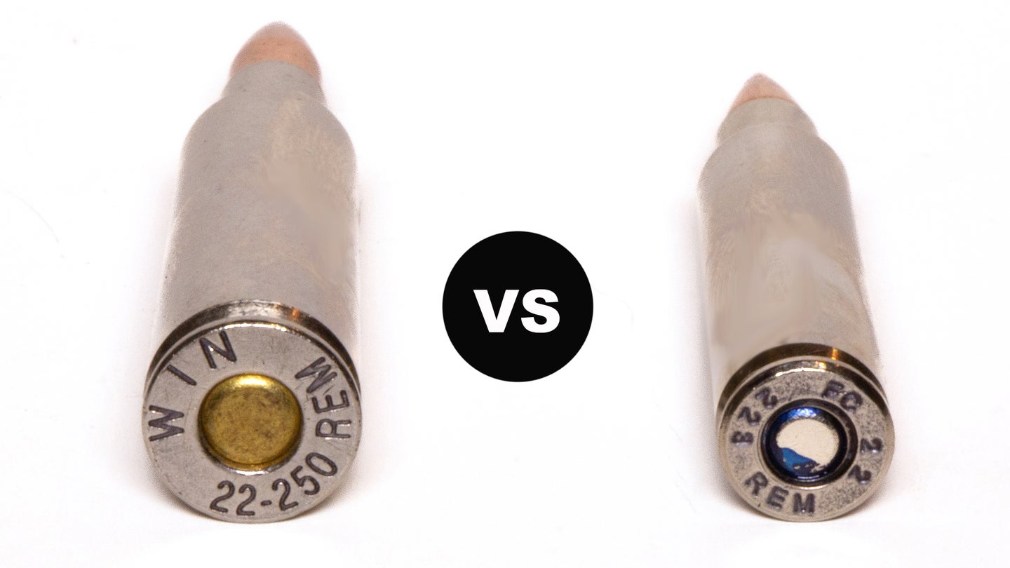 22-250 cartridge on left, 223 cartridge on right, with "vs" symbol in middle
