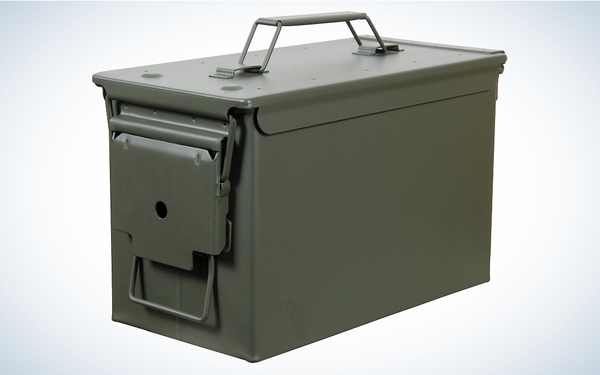 Fortress 50 Caliber Metal Ammo Can on gray and white background