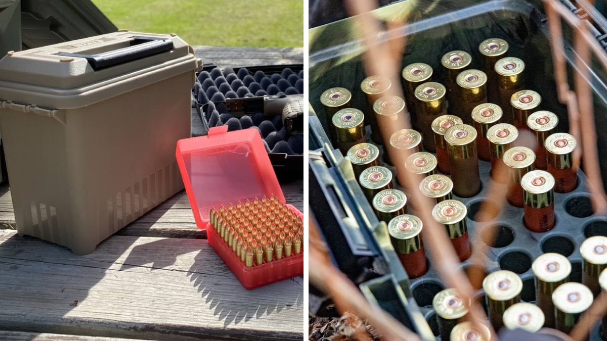 9mm and shotshell ammo cans sitting on tailgate