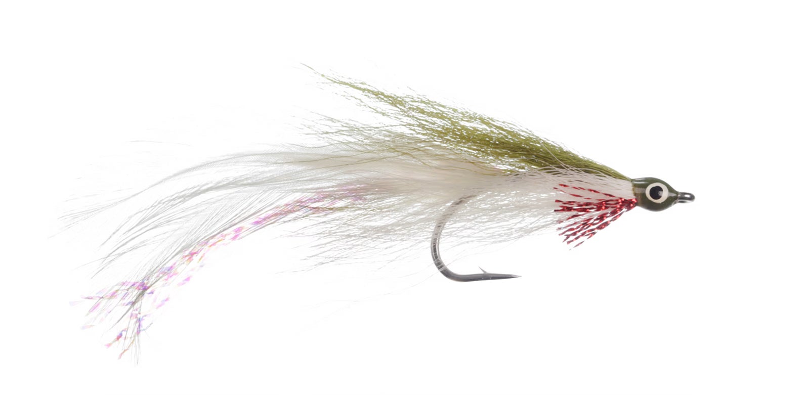 White-red-and-olive Deceiver streamer-fly pattern on white background
