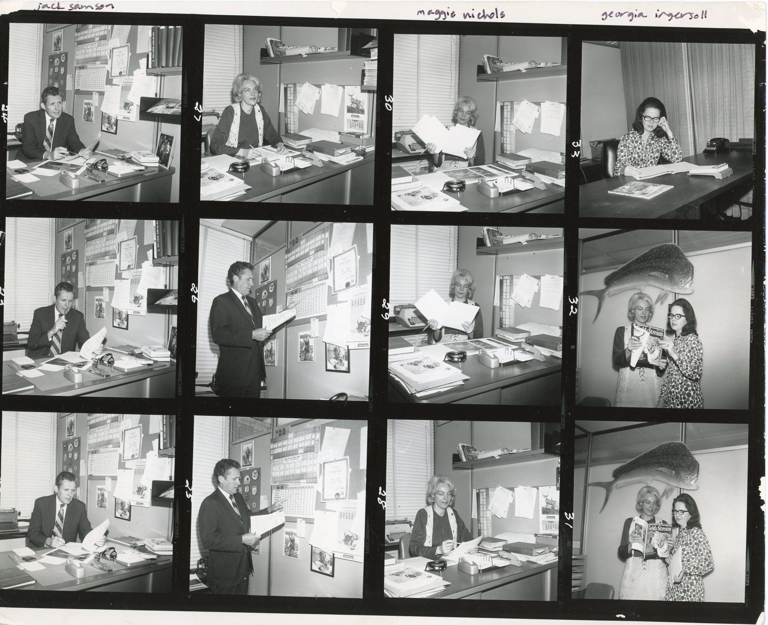A contact sheet of photos taken from the Field & Stream offices in the 70s.