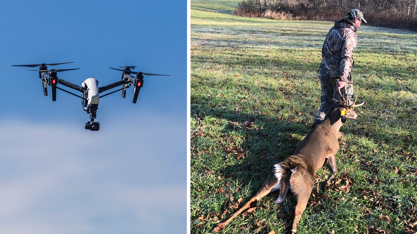 Drone in blue sky on left; hunter dragging out whitetail buck on right