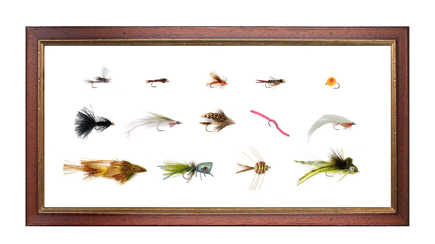 A collection of fly patterns in a wooden frame with a white background